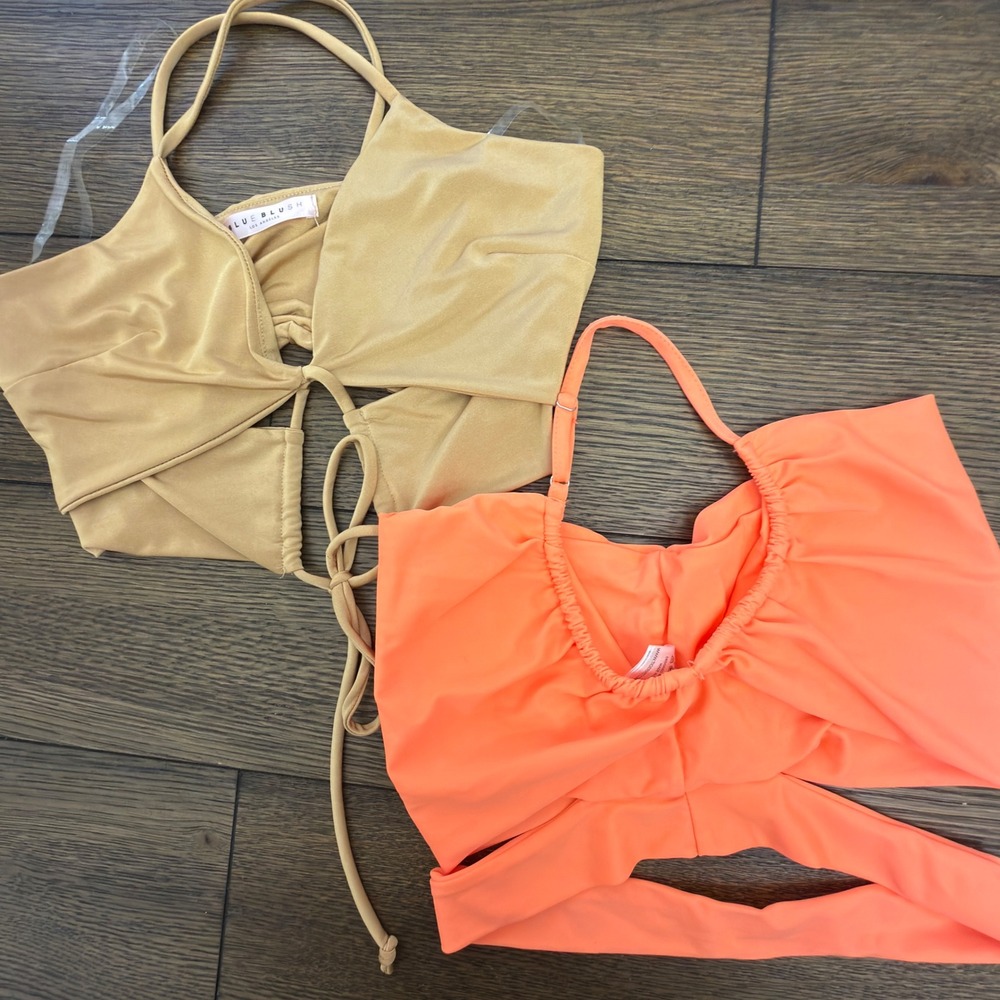 Blue Blush Tan‎ Halter & Tiger Mist Neon Orange Ruched Crop Top Bundle Womens S